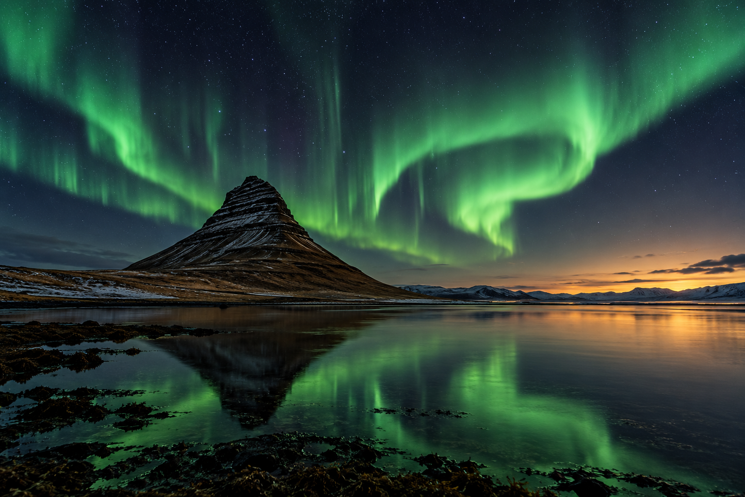 Green northern lights over Kirkjufell and the water