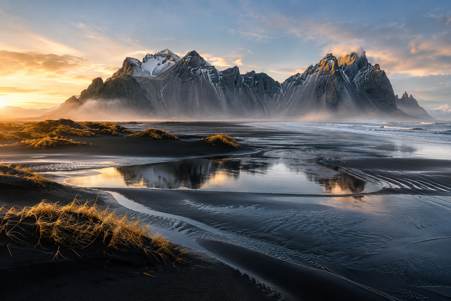 Vestrahorn's dark peaks reflected in the tidal water of a black-sand beach